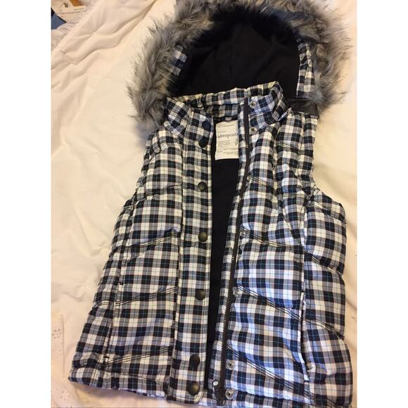 Aeropostale Plaid Down Vest Jacket Faux Fur Trim Hood Size Small Petit 2009 - Picture 1 of 5